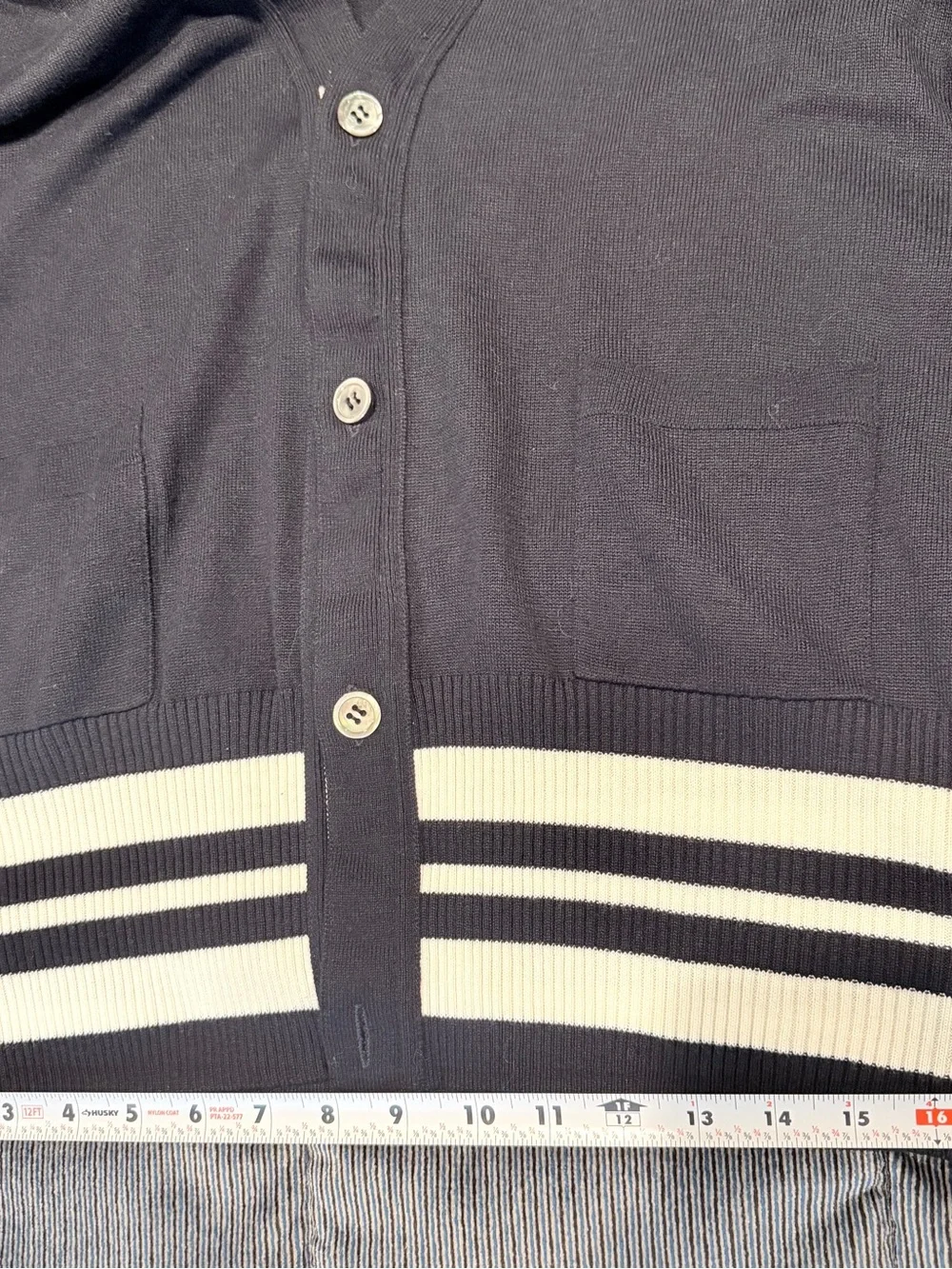 Authentic Thom Browne Navy Wool Cardigan Sweater Stripe Trim Made in Scotland SM